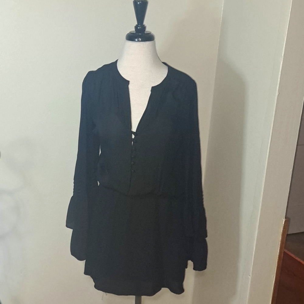 Parker 100% Silk Black Double Bell Sleeve Button Front Silk Tunic Dress SZ L